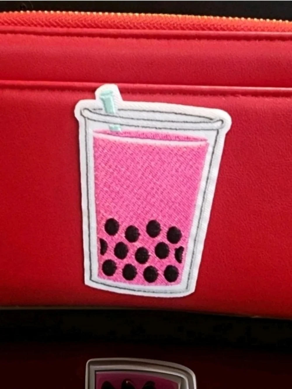 Red Solid Zip-Around Women's Wallet French Fries Patch, Embroidered, Credit Card